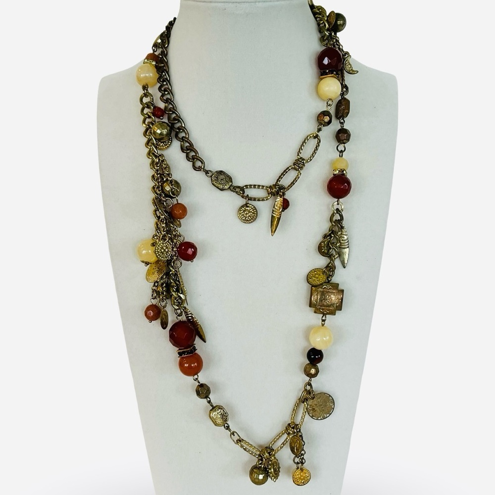 Vintage Tri-Tone Dark Red Bead and Charm Chunky Statement Necklace